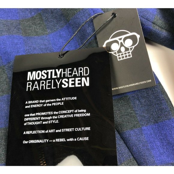 Mostly Heard Rarely Seen Mens XL Blue Black Plaid Zipper Bomber Jacket Coat - Picture 7 of 12